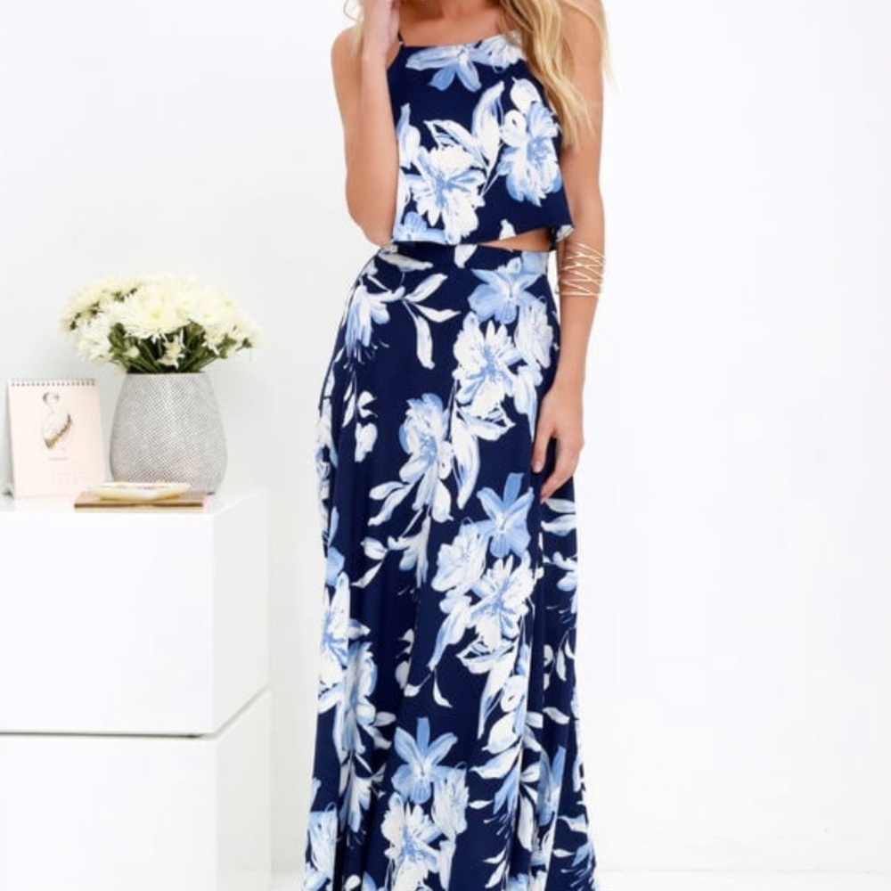 Lulus Love for Lanai Blue Floral Print 2Piece Maxi